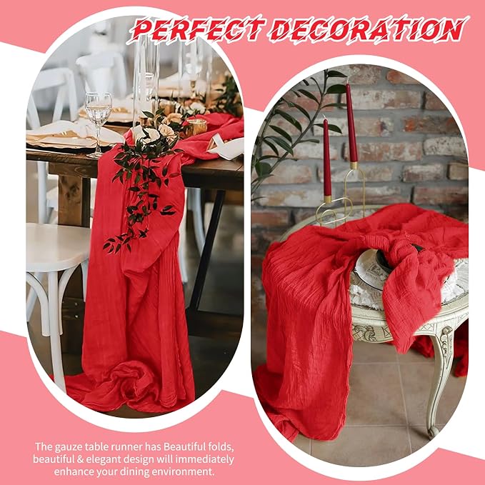 10 Pack Red Cheesecloth Table Runner 17x108 Inch Boho Gauze Cheese Cloth Table Runners for Wedding Party Baby Shower Birthday Home Decor