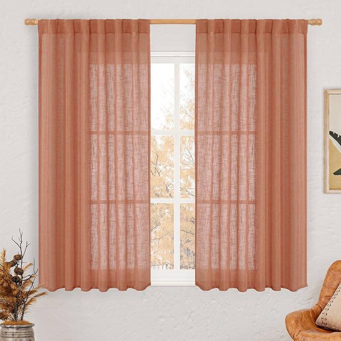Terracotta Linen Semi Sheer Curtains 45 Inch for Bedroom Window | Light Filtering, Window Treatment Curtains, Farmhouse Fall Decor Panels, Rod Pocket Back Tab, 2 Panels, 52 x 45 Inch