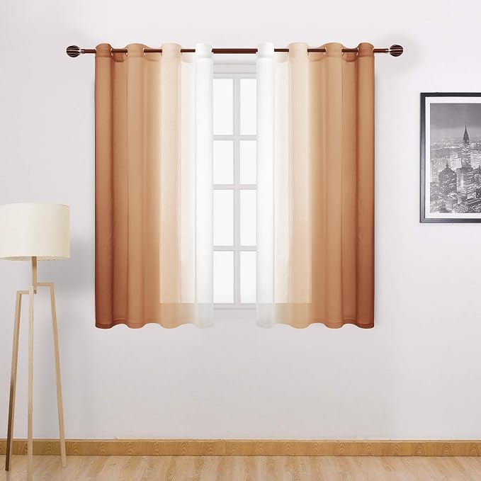 DWCN Ombre Short Sheer Curtains - Faux Linen Semi Voile Gradient Light-Filtering Bedroom and Living Room Curtains, Set of 2 Grommet Top Window Drape Panels, 52 x 45 Inch Length, Burnt Ochre