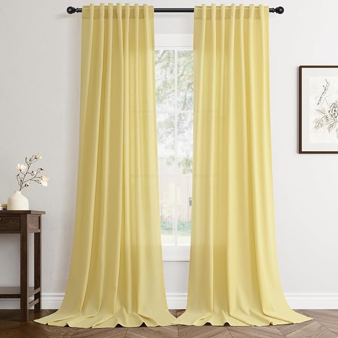 Jowels Yellow Linen Curtains 108 Inch Long 2 Panels for Living Room | Light Filtering Semi Sheer Curtain, Back Tab Pocket Pleated Look, Boho Farmhouse Textured Privacy Drapes for Bedroom Window