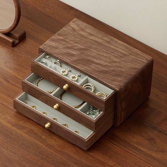 Wooden Jewelry Box, Large, Black Walnut Wood | For Women & Men, Velvet Lined Organizer, 3 Drawers, Brass Handles, Earring Ring Necklace Storage