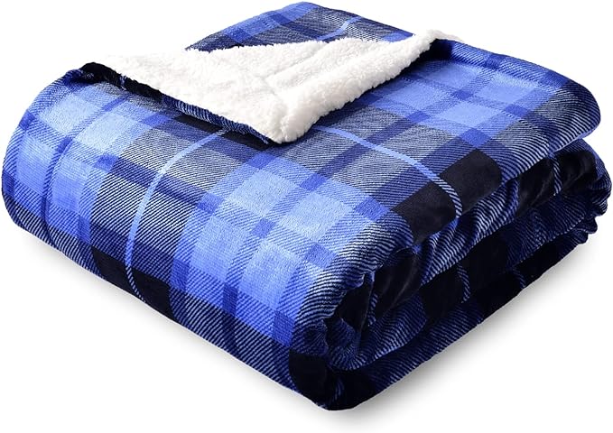SOCHOW Sherpa Plaid Fleece Throw Blanket, 50 x 60 inches, Blue | Double-Sided Super Soft Luxurious Bedding Blanket