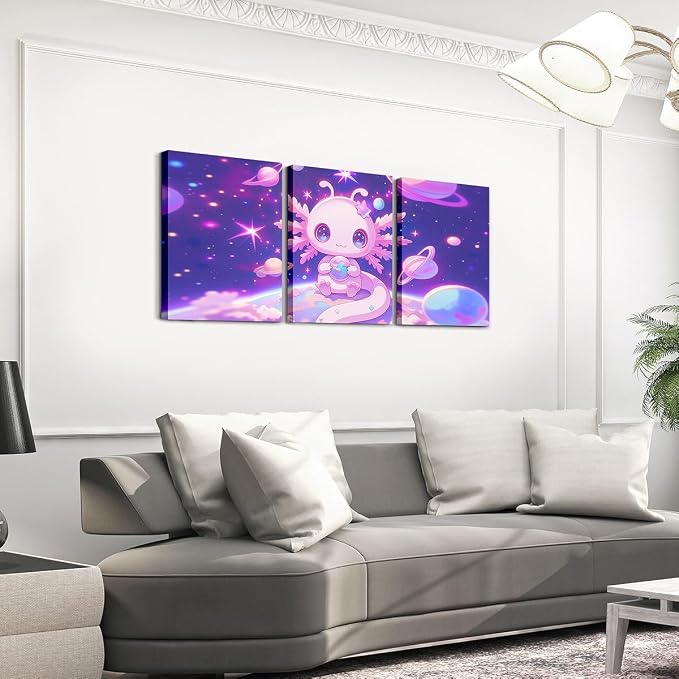 Feelyou Kids Cute Axolotl Wall Painting Posters Galaxy Planet Space Picture Wall Decor Boys Girls Cartoon Animal Canvas Wall Art Living Room Bedroom Dreamy Starry Bathroom Wall Art 12"x16"x 3Pcs