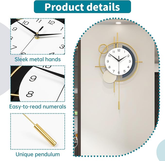 Wall Clock Decorative Pendulum Modern Wall Clock Battery Operated | Analog Non-Ticking Gold Iron Unique Large Clock for Living Room,Bedroom,Office,Kitchen,Bathroom Iron Wall Decor 13.8x21.9in