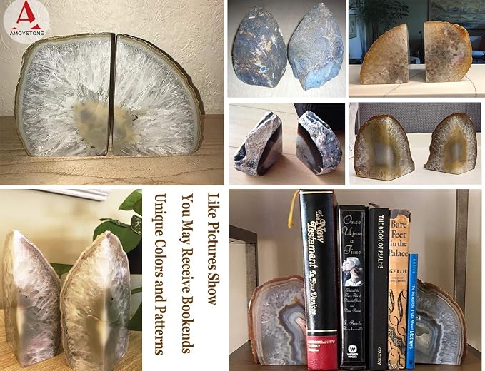 AMOYSTONE Agate Book Ends Shelves Decorative Geode Bookend Large Crystal Bookends Quartz Decor Nature Brown with Rubber Bumpers(1 Pair, 4-6 LBS) | Large Polished Stone Book Stoppers Supports Home Office Decor with Rubber Bumpers Natural Brown 1 Pair, 4...
