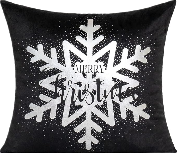 All Smiles Black Silver Christmas Throw Pillow Covers Decorations Cases 18X18 Set of 4 Winter Snowflakes Xmas Indoor Home Décor Velvet Navidad Cushion for Bed Sofa Couch Tree Reindeer