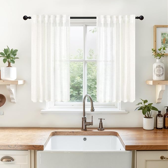 YoungsTex Small Linen Curtains 48 Inch Length - Short Drapes Semi Sheer with Rod Pocket Back Tab Natural Textured for Kitchen Bathroom Windows, Cloud White, 2 Panels, 34 X 48 Inch