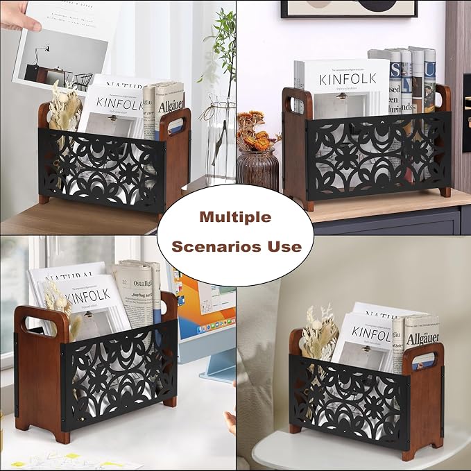 Magazine Holder,Oak Wood Magazine Rack Floor,Lotus Pattern | Rustic Magazine File Holder Organizer,Decorative Magazines Storage Basket for Books,Newspapers,Mails,Files