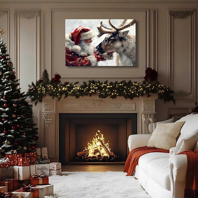 Santa's Reindeer Framed Christmas Canvas Wall Art for Living Room, Winter Pictures Wall Decor Painting Prints for Bedroom, Santa Christmas Art, 20x30 Poster Artwork for Wall Decorations
