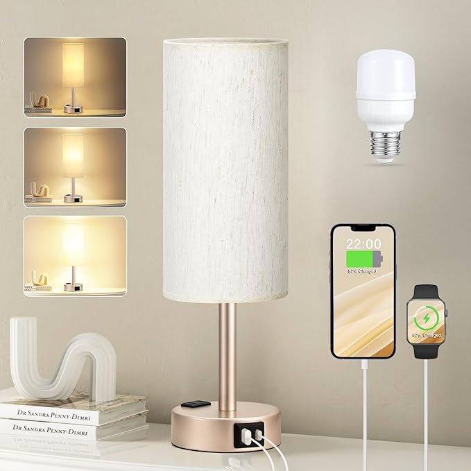 Antique White Bedside Table Lamp, Dimmable Touch Lamp, USB A+C, AC Outlet