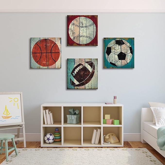 Rustic Soccer Football Baseball Basketball on Vintage Wood Grain Floor Fine Art Canvas Prints Sports Decor Soccer Nursery for Kids Boy Room Decoration Wooden Framed Modern Artwork Poster 24x24 4pcs