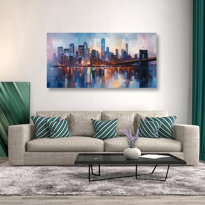 Abstraction Pictures Canvas Wall Art for Living room Office Bedroom Wall Decor,City Wall Art Print Paintings Modern Blue Great bridge Artwork Waterproof Ready to Hang-20x40inch