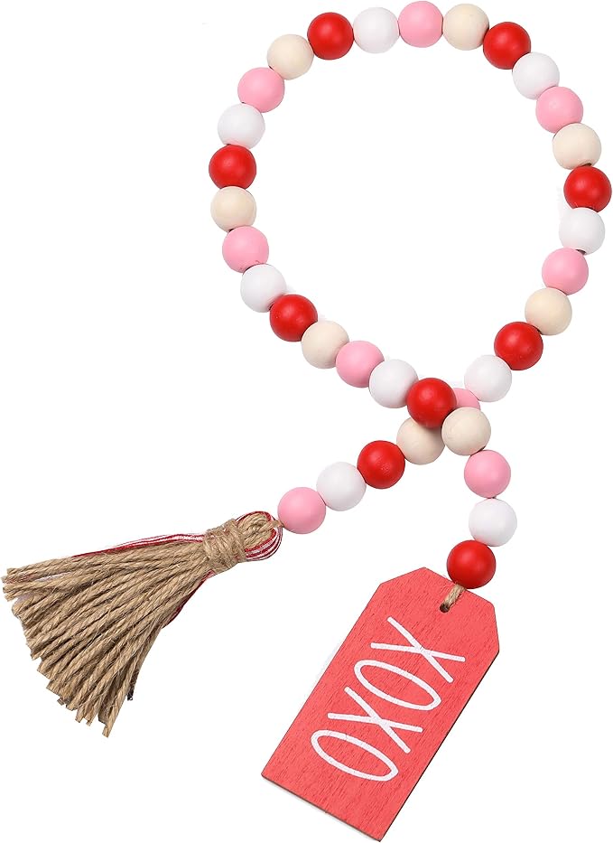 Valentines Day Decor, Wood Bead Garland with Tassel for Tiered Tray