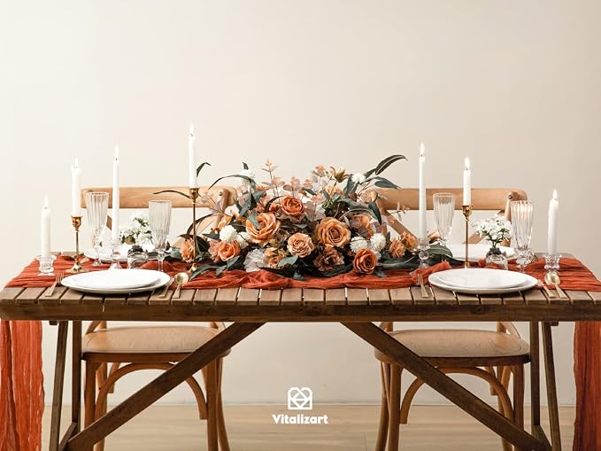 Vitalizart Cheesecloth Table Runner Terracotta 10ft Gauze Boho Rustic | 120 Inches Long Burnt Orange Soft Durable Cheese Cloth Table Runner for Wedding Baby Shower Fall Thanskgiving Decoration