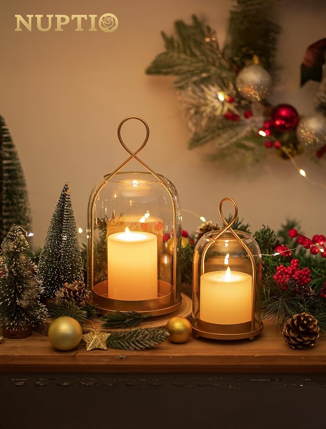 NUPTIO Glass Lanterns Decorative Outdoor, Gold Hurricane Candle Holders | Set of 2 Hanging Lantern for Pillar Candles, Table Centerpiece for Home Thanksgiving Christmas Party