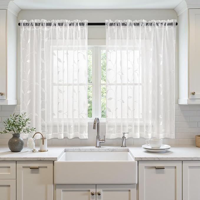 MIULEE White Sheer Curtains 2 Panels Embroidered Leaf Patterned, W52 x L54 | Embroidered Floral Semi Sheer,Rod Pocket,Faux Linen,Short Window Curtains Drapes Set for Kitchen/Bathroom/Cafe