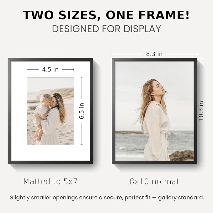 8x10 Photo Frame Black, Aluminum Metal 8 x 10 Frame with Removable Mat, 8 by 10 Black Picture Frame Matted to 5x7 Photo, Real Tempered Glass for Home and Office Gallery Wall, 3 Pack