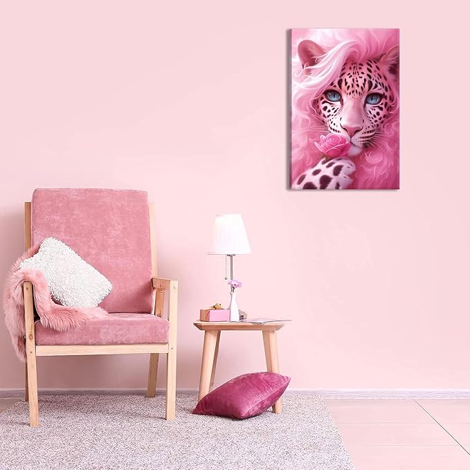 UNDBILSNI Whimsical Pink Mother Leopard Canvas Wall Art | Fashionable and Beautiful Female Leopard Holding Roses Wall Decor Picture for Girls Room Preppy Dorm Artwork Decoration