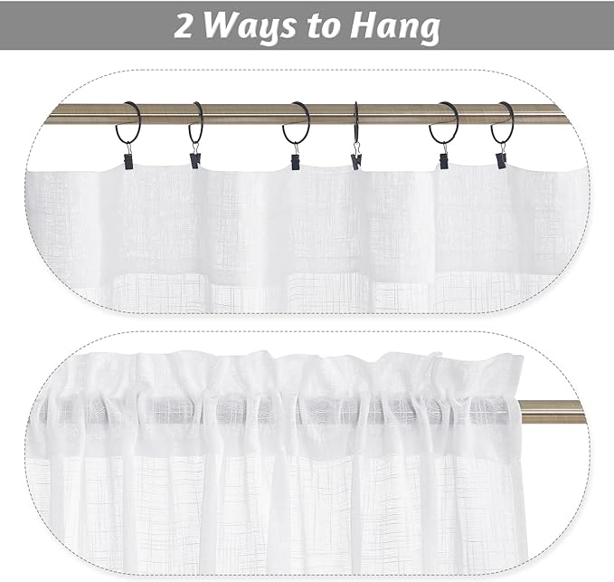RYB HOME Semi Sheer Curtains 63 inches Length for Living Room Living Room | Short Linen Textured, Breathable Curtains Panels, Rod Pocket, for Farmhouse Indoor, White, W52 x L63, 2 Panels