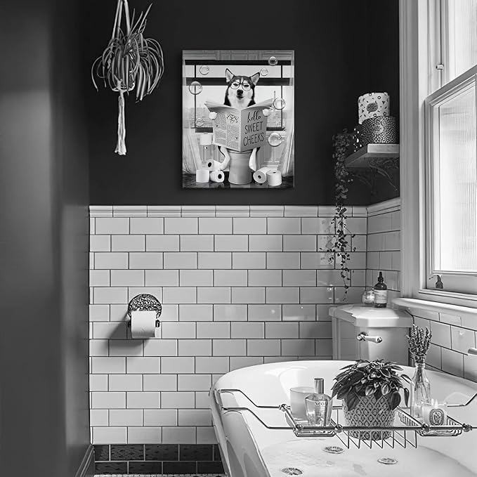 Parylore Funny Husky Dog Wall Art Black and White Bathroom Print Farmhouse Animals Decor Sitting in Toilet Reading Newspaper Painting Framed Artwork for 16x24 inch