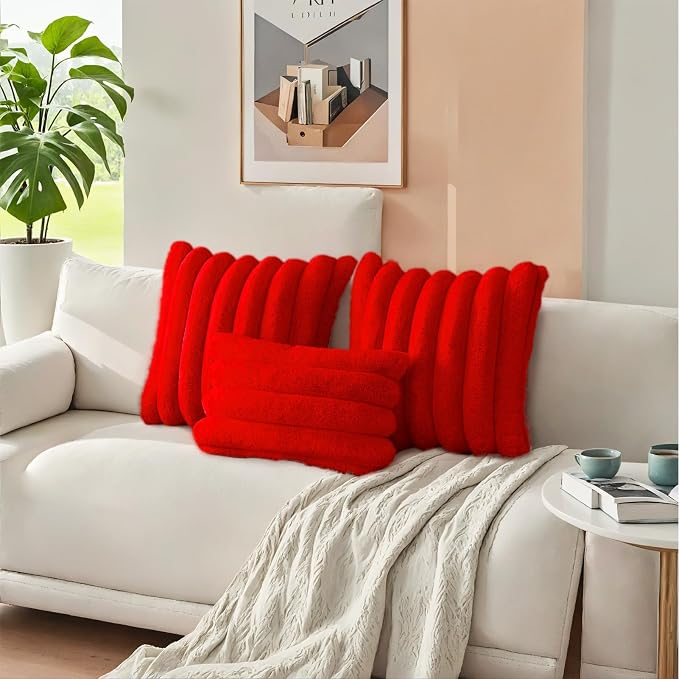 HAUSSY Pack of 2 Pillow Covers 24x24 Inch, Faux Fur Decorative Couch Throw Pillows Soft Striped Plush Cushion Covers Home Decor Cute Furry Pillowcase for Living Room Sofa Bed, Red (Covers Only)