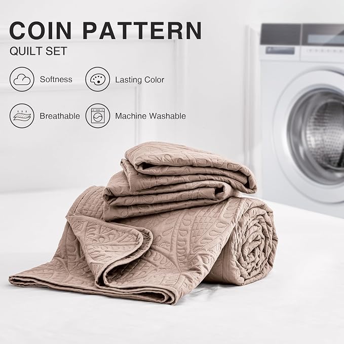 Love's cabin Quilts for Full Bed Burlwood Bedspreads Bedding Set - Lightweight Bedspread Comforter - Coin Pattern Bedding Coverlet for All Season - 3 Pieces (1 Quilt, 2 Pillow Shams)