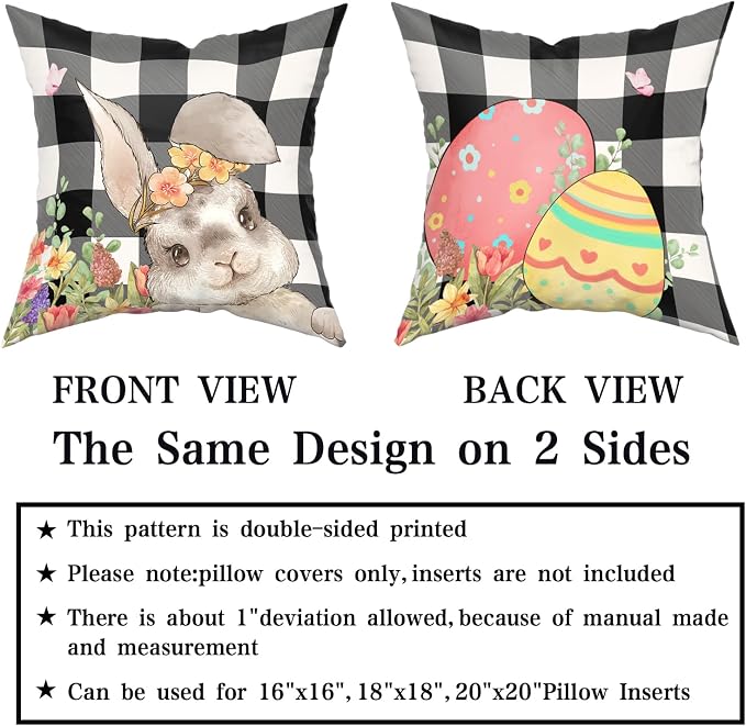 Giwawa Easter Pillow Covers 16x16 Inch, Easter Bunny Eggs Throw Pillowcases with Black White Buffalo Plaids, Cute Rabbit Spring Flower Cotton Cushion Cover for Sofa Couch Bedding Decor, Set of 2