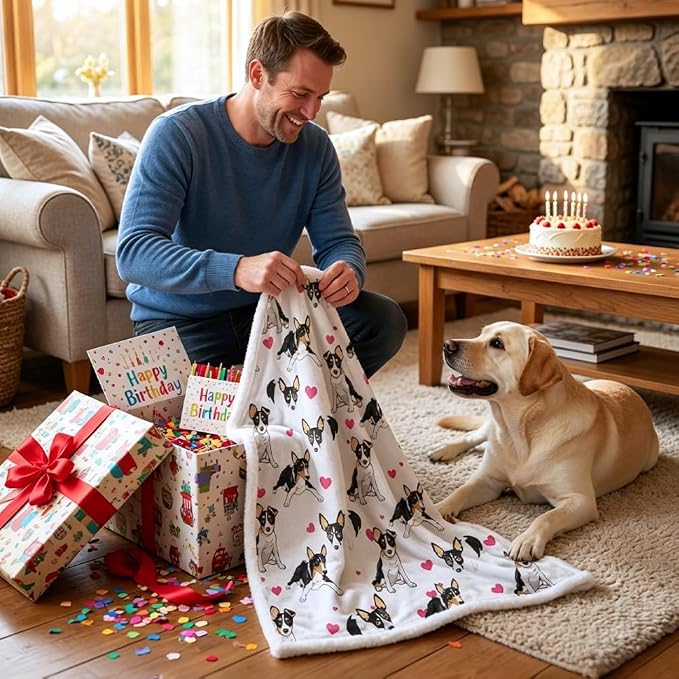 BlessLiving Throw Blanket, White Black Dog Pink Animal, 60x80 in | sherpa fleece fabric, Rat Terrier Dense Pet Blankets Puppy print, for couch or sofa, pet lovers, easy machine care