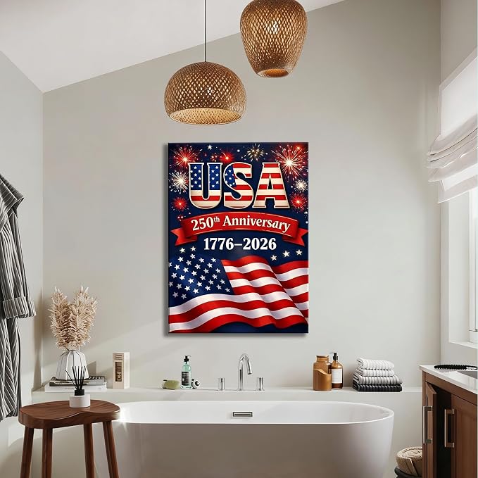 USA 250th Anniversary 1776-2026 Canvas Wall Decor, Patriotic Fireworks American Flag Wall Art, Independence Day Framed Canvas Prints for Home & Holiday Decoration, Made in USA