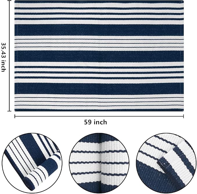 Blue and White Outdoor Rug 3'x 5'Striped Front Porch Rug Layered Door Mat | Cotton Woven Machine Washable Farmhouse Indoor Outdoor Area Rug Combined With Hello Welcome Mat