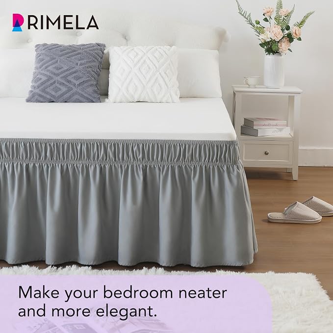 Grey Bed Skirt Queen Size 12 Inch Drop, Elastic Wrap Around Bedskirt | Solid Ruffled, Easy to Use, No Mattress Lifting, Wrinkle & Fade Resistant, with Adhesive Strips, Machine Wash/Dry/Iron