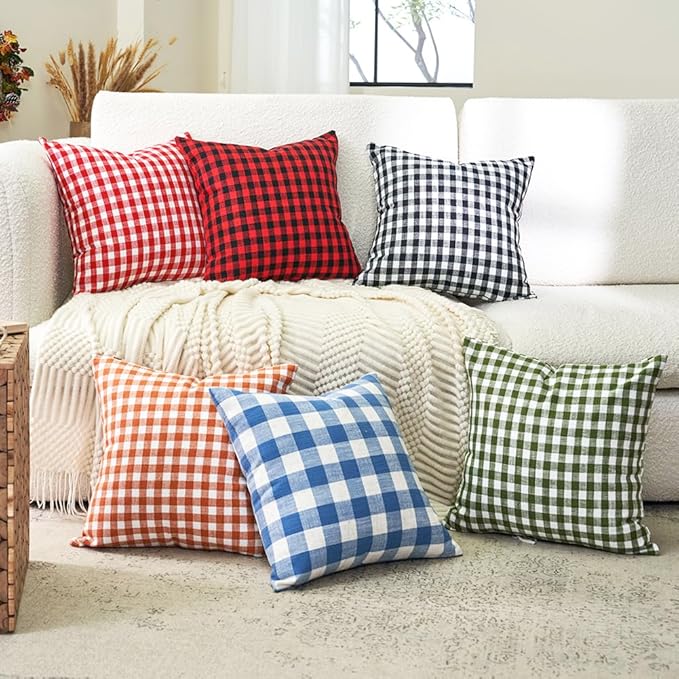 Red and White Outdoor Christmas Gingham Plaid Throw Pillow Covers 18x18 | Set of 2 Christmas Plaid Decor Pillow Covers 18 x 18, Cotton Textured, Vintage Farmhouse Rustic Red Christmas Xmas Decor