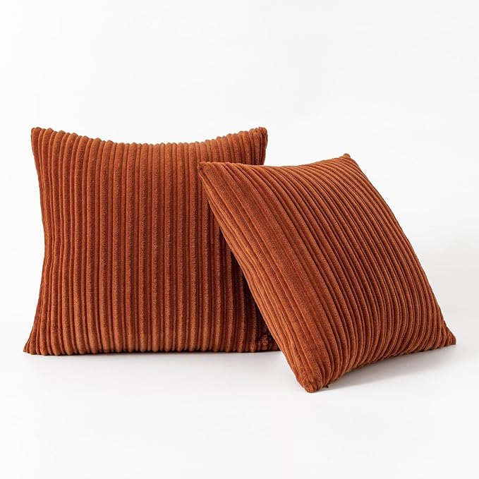 Kevin Textile Striped Corduroy 22”x22” Pillow Covers 2 Pack, Rust