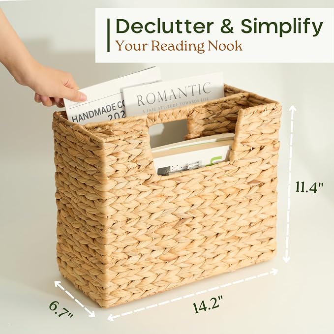 Chi An Home Wicker Magazine Basket Water Hyacinth Handwoven Magazine Holder | Decorative Handwoven Magazine Rack Floor, Organizer for Files, Books, Newspapers, Documents For Office, Living Room, Bathroom