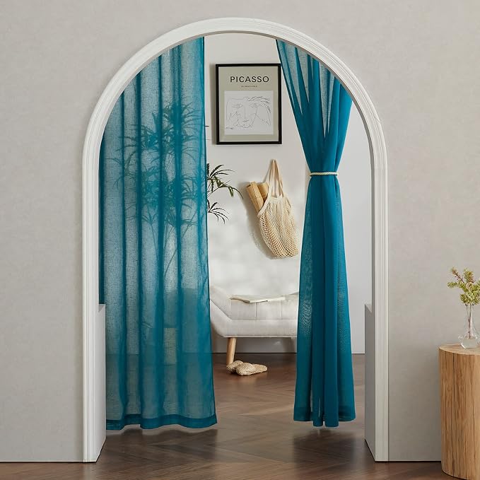 NICETOWN Semi Sheer Curtains Flax Linen Texture, (Peacock Green) Grommet Retro Window Treatment Linen Weave Vertical Drapes Privacy with Light Filter for Living Room, 2 Panels, W52 x L84