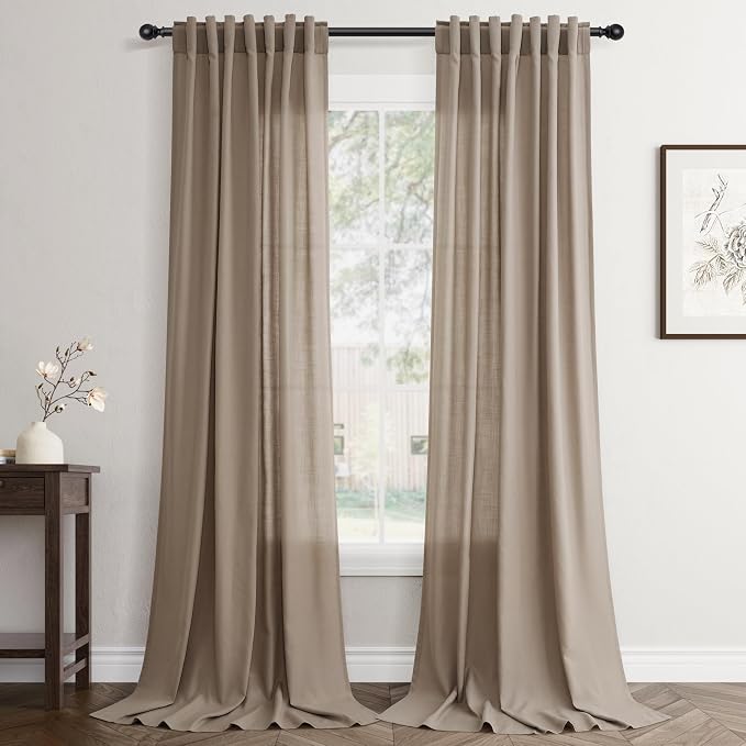 Jowels Dark Taupe Linen Curtains 90 Inch Long 2 Panels for Living Room | Light Filtering Semi Sheer Curtain, Back Tab Pocket Pleated Look, Boho Farmhouse Textured Privacy Drapes for Bedroom Window