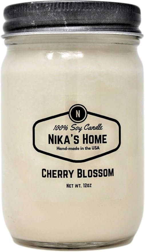 Nika's Home Cherry Blossom Soy Candle - 12oz Mason Jar - Non-Toxic - Hand Poured in The USA, Long Burning 50-60 Hours Highly Scented All Natural, Clean Burning