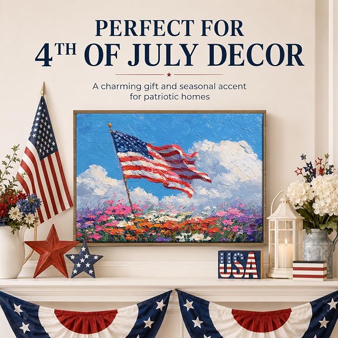 American Flag Framed Canvas Wall Art, 4th of July Patriotic Canvas Prints | Wildflower Landscape Poster Print, Vintage Rustic Independence Day Wall Decor for Bedroom Living Room Office 6×8in