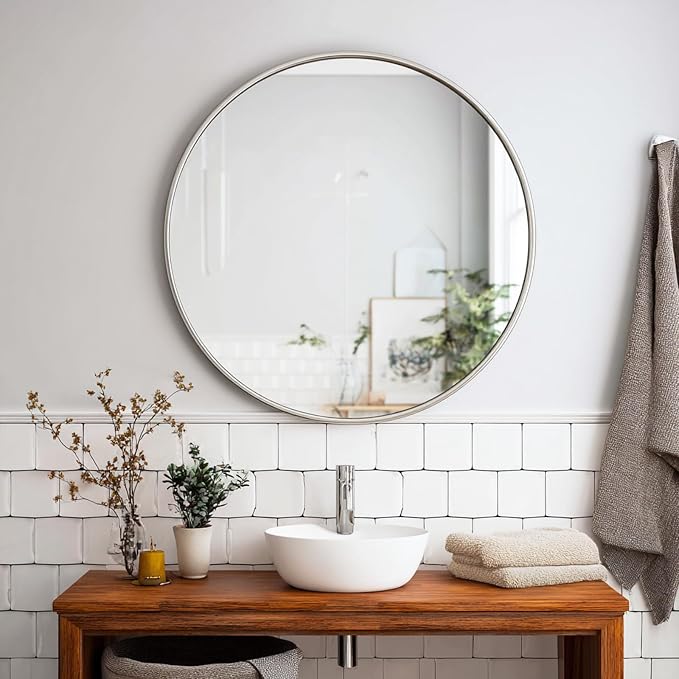 Bathroom Mirror 36 inch, Silver Round Mirror, Brushed Metal Frame | High Definition Mirror, Waterproof, Easy installation, perfect for Living room, Bathroom, Hallway, Bedroom, Cloakroom