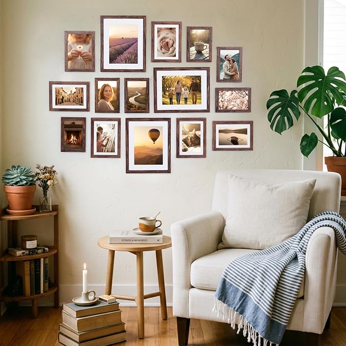 Fixwal Gallery Picture Frames Set, 15 Pack, MDF, Brown, 8x10, 5x7, 4x6 | Wall or Tabletop Decor, High-definition Plexiglas panels
