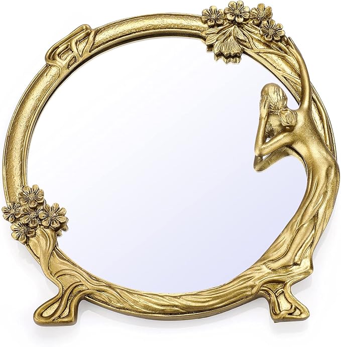 JUXYES Small Wall Mirror Decor Retro Gold Resin Beauty Girl Wall Mirror | Vintage Cosmetic Mirror with Decorative Frame - A Girl Looking In the Mirror, Unique Elegant Wall Mirror Gift for Women Girls