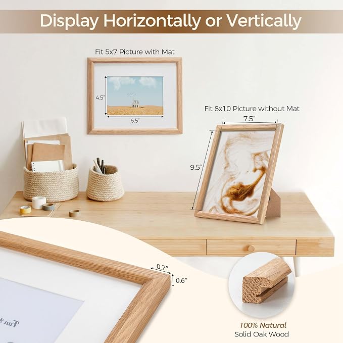 Fun Memories 8x10 Oak Picture Frame for Wall, 8x10 Frame with Matted to 5x7, Solid Wood Picture Frames for Wall Art Photo and Prints (Beige, 1 Pack)