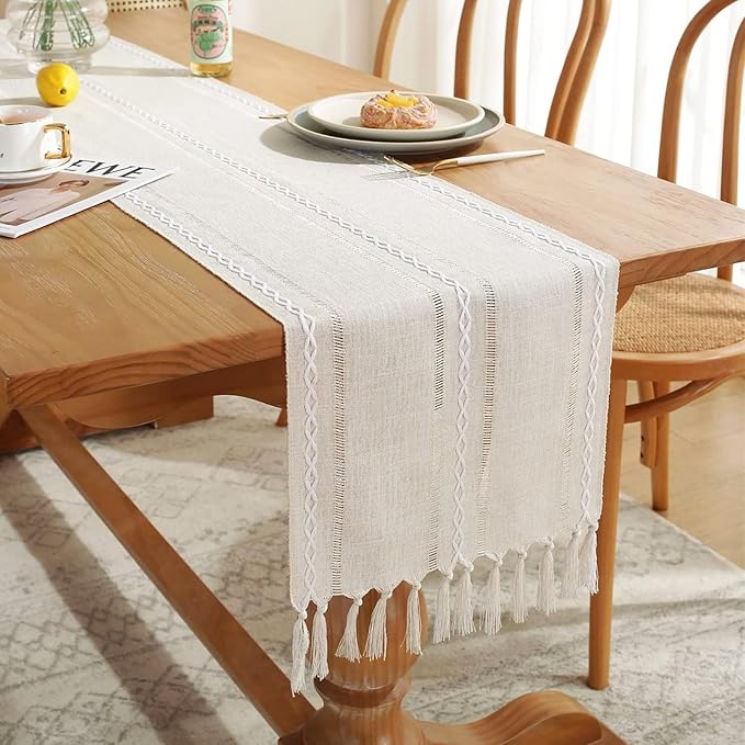 Wracra Rustic Linen Table Runner, Ivory Table Runners 108 inches Long | Raised Embroidered Hollow Design and Hand-Tassels;Cotton Linen Woven Fabric; Farmhouse Table Runner;Home Dining Decor