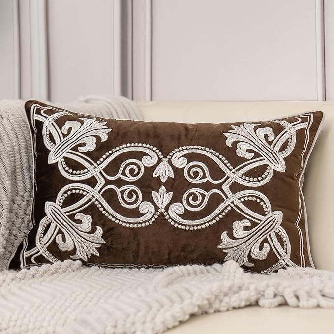 Aeckself European Floral Pillow Cover 12x20 Inch, Luxury Velvet Embroidered Decorative Lumbar Throw Pillow Cover for Couch Bedroom Living Room, Brown and White