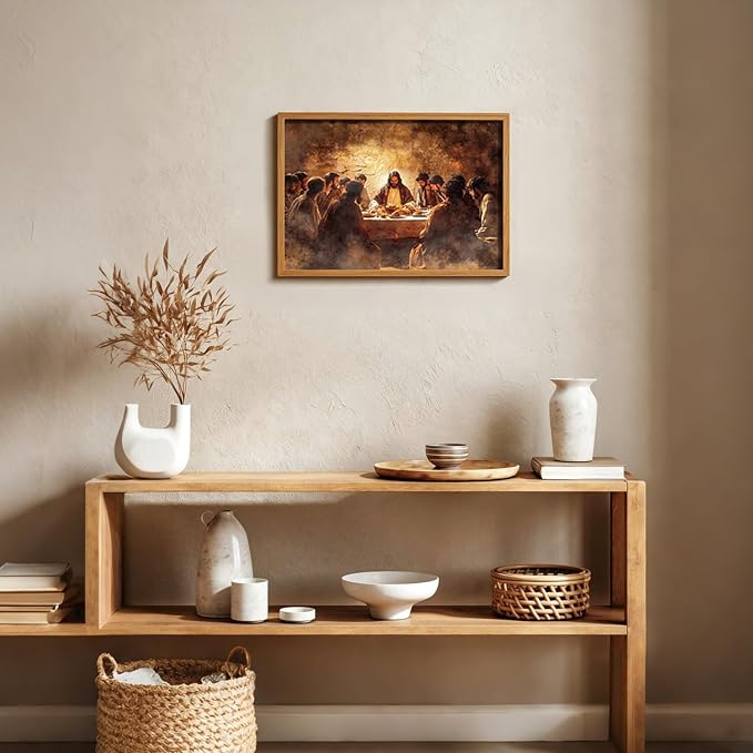 AUUAUU The Last Supper Wall Art, Wood Framed Jesus Religious Canvas Painting, Vintage Christian Wall Decor for Living Room Bedroom, 16x24 Inches Ready to Hang