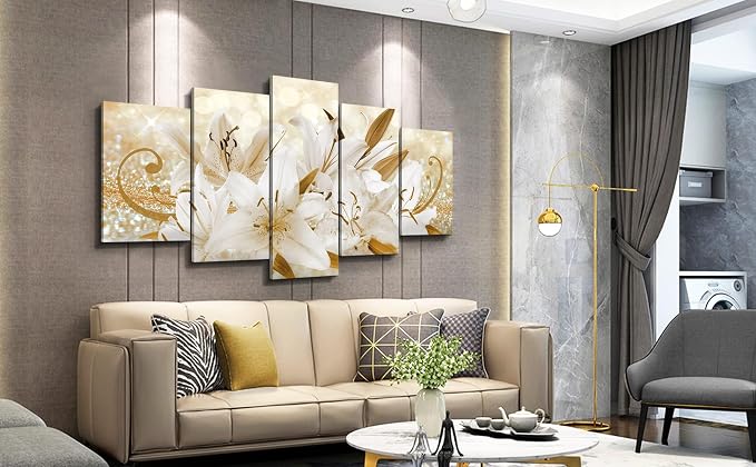 LUDUHU Golden Orchid Flowers Canvas Print - Abstract Floral Wall Art Painting Decor for Home Decoration, Contemporary White Floral Artwork Picture Bedroom Wall Art Decor (E,Oversize 40x20inch)