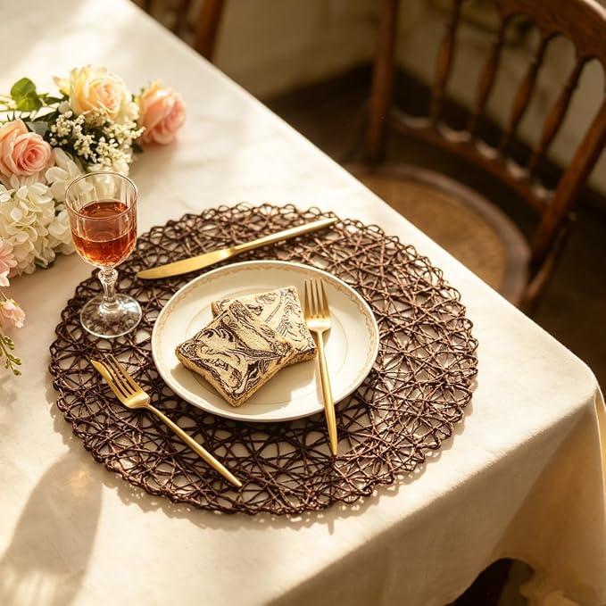 IcosaMro Brown Round Placemats Set of 12 for Dining Table, 13 Inches Paper Woven Boho Small Decorative Tan Circle Place Mat for Wedding Christmas Thanksgiving Day Holiday Dinner, Tan Brown