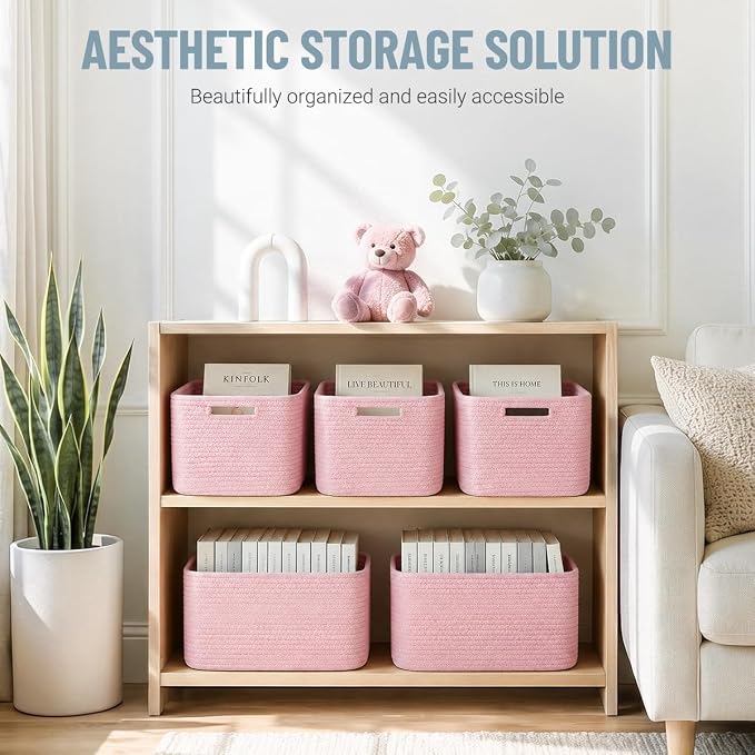5 Pack Woven Storage Baskets, Decorative Storage Bins for Organizing | 13.8'' × 9.8'' × 7.9'', Cute Cotton Rope Basket Organizer for Closet, Shelves, bathroom, Nursery, Toys, Books, Pantry, Pink