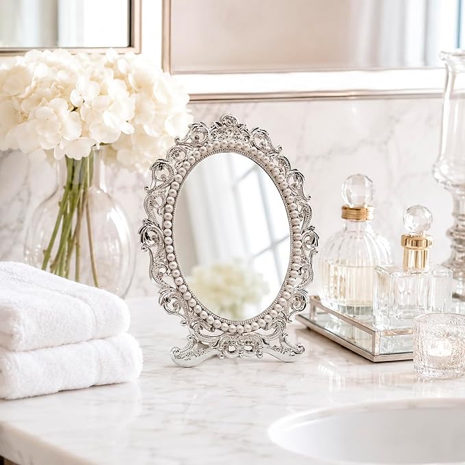 Vintage Vanity Makeup Mirror for Desk - Antique Small Table Decor, Silver | Art Nouveau Decorative with Stand, Frame for Tabletop Office Bedroom Furniture Room Bathroom Home Wall Dresser Accessories