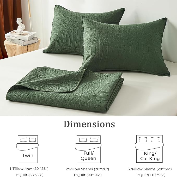 akkialla Twin Quilt Bedding Set,Olive Green Ultrasonic Quilt Set,Lightweight Soft Bedspread Coverlet,Modern Style Coin Pattern Bed Cover for All Seasons,2 Piece(1 Quilt,1 Pillow Sham)